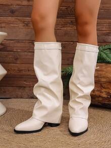 2025 Autumn/Winter New Wrinkled Pointed Toe Thick Heel Over-The-Knee Boots For Women, Slimming, Multi-Color,Cowboy Boots - White - View 7