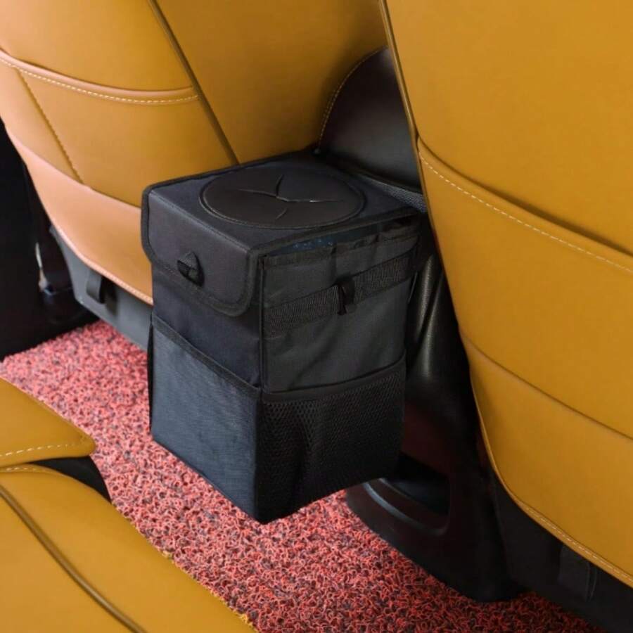 Leakproof Car Trash Can With Lid - Collapsible Automotive Garbage Bin For Trucks & SUVs, Road Trip Essentials Organizer With Storage Bag (Unisex Design) - 黑色 - 查看 1