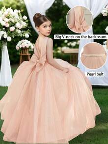 Tween Girl Elegant Faux Pearl Bow Tulle Dress, Suitable For Wedding, Prom, Birthday Party, Graduation, Summer - Champagne - View 3