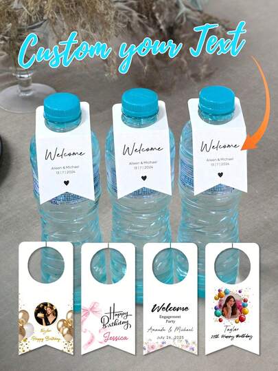 10pcs/30pcs/50pcsCustomWater BOTTLE TAGS For Wedding Reception (Small Size) Personalized With Names And Event Date Tag Size: Approximately 1.8" X 3.8" (4.7 X 9.7 Cm) Opening Diameter: 1.25" (3.2 Cm). Will Fit Most Small Cap Bottles Water Bottle Labels Suitable For Weddings, Parties, Birthdays, Baptisms, And Other Events, Multi-Functional, High-Quality, Personalized, Tea Room, Home, Garden, Office, For Anniversaries, For Valentine's Day, For Mother's Day, For Birthdays, For Father's Day, For Graduation, For Weddings, For Housewarming, Barware & Wine Making