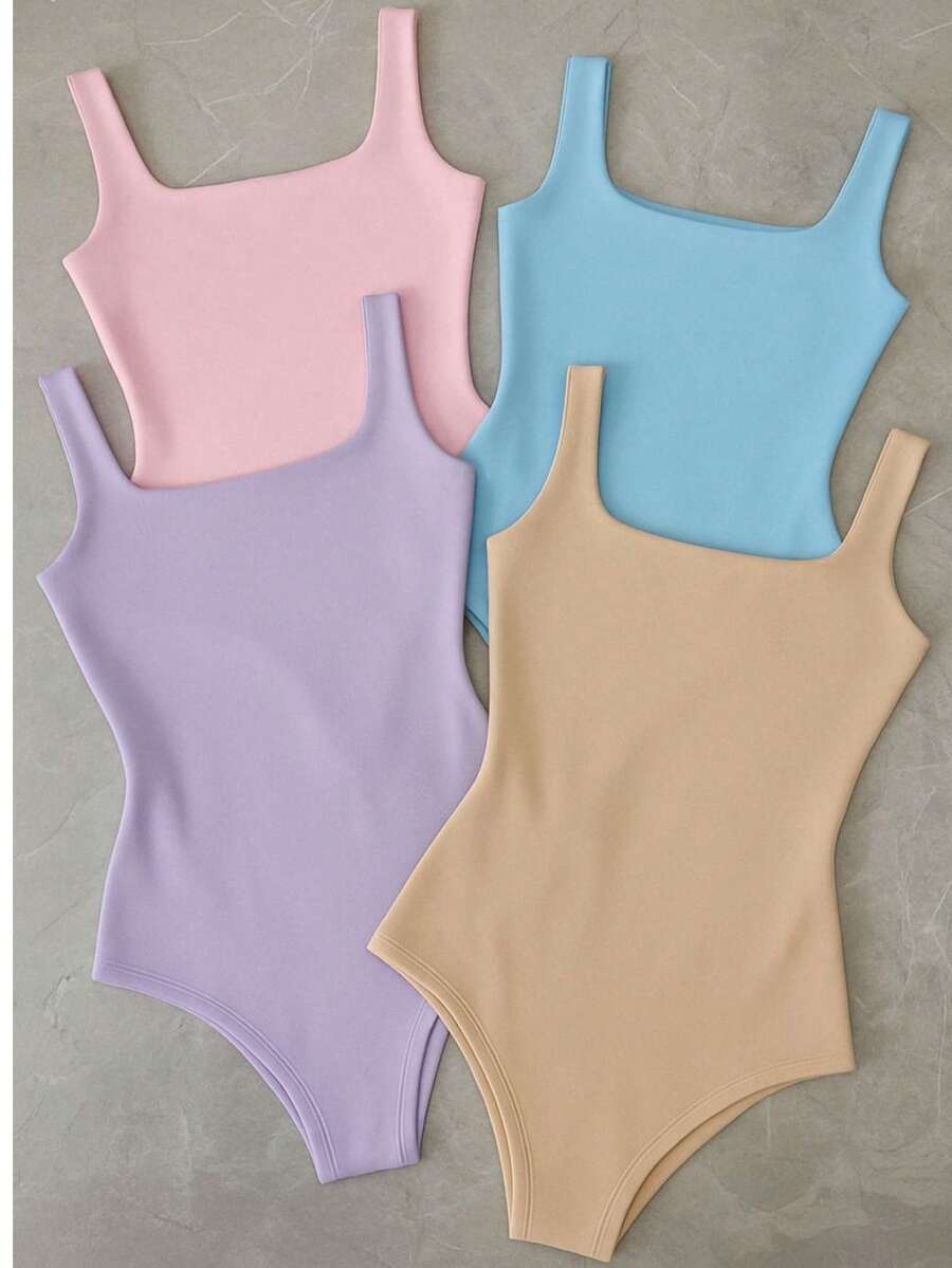 Kit 4 Bory Bodi Leotard Tank Top Thick Strap Casual Second Skin Fashion Women's Female P M G GG - 裸色/淡紫色/藍色/粉紅色 - 查看 1