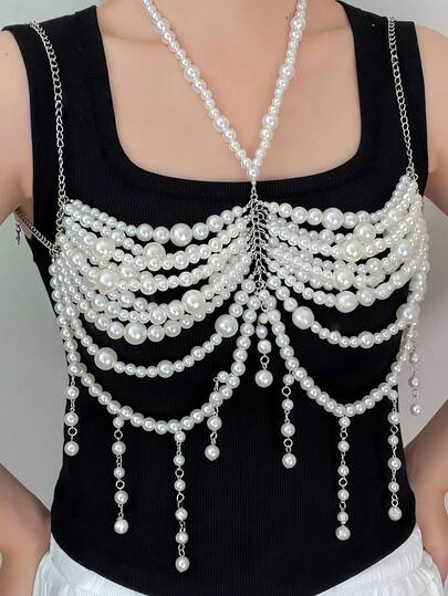 1 Pc New Sexy Bikini Pearl Cross Bra ,Fringe Bra Chain Adjustable Plus Size Bikini Beach Waist Chain Belt Belt Belly Jewelry Beach Vacation Party Accessories For Women And Girls;Body Chain Top