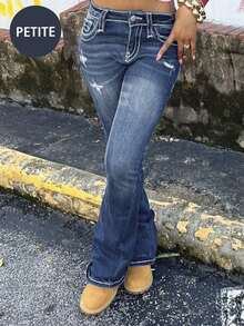 2025 New Fashion Petite Women Skinny Denim Flared Pants, Versatile & Ankle Length - Dark Wash - View 6