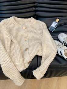 Plus Size Women's Round Neck Fuzzy Knit Cardigan, Long Sleeve Button-Up, Autumn/Winter Casual Essential - Beige - View 1