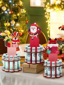 3pcs Christmas Wooden Money Holder Decoration Ornament, Charming Christmas Chimney Old Man Elk Pattern Wooden Money Holders, Festive Ornament Money Dispenser For Winter Holiday Party Decor, Christmas Ornament Money Holder