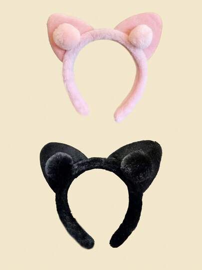 2pcs/1pc Cute Pink & Black Cat Ear Headband, Halloween Costume Accessory For Adults & Kids, Autumn/Winter, Suitable For Performance, Party, Cosplay