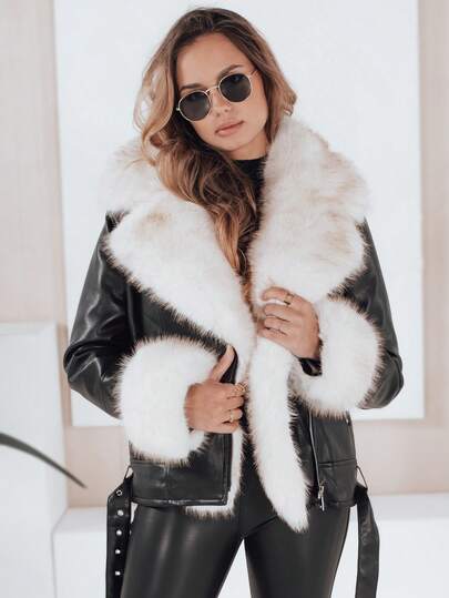 Damska zimowa kurtka motocyklowa ze sztucznego futra, stylowa krótka kurtka ze sztucznej skóry z ciepłą podszewką, odpinanym futerkiem na rękawach, regulowaną talią, stylowa odzież wierzchnia idealna na chłodne dni, wygodny zamek błyskawiczny i kieszenie