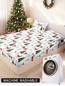 1pc Christmas Bow Reindeer Christmas Tree Print Fitted Sheet, Bedding, Fitted Sheet, Mattress Cover, Soft Comfortable Bedroom Mattress Protector, Fitted Sheet Only, Machine Washable - Multicolor - View 7