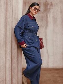 Sollinarry 2 st plus size kvinnor denim kontrastfärgad knapp framtill i midjan med fickdekor, jacka, topp och byxor, höst/vinter - Denimblå - Visa 5