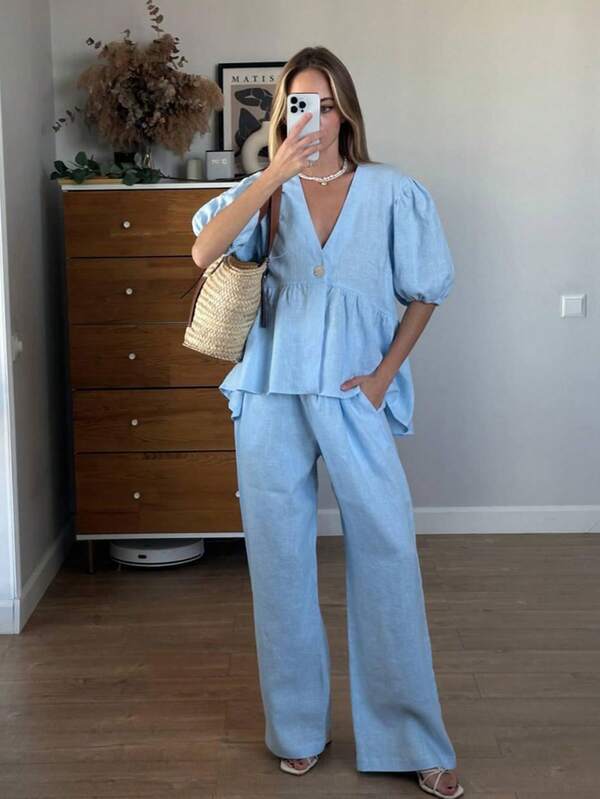 2pcs Women's Casual Elegant Outfit, Includes Bubble Lantern Sleeve V-Neck Top And Elastic Waist Pocket Pants, Lightweight Sheer Fabric, Suitable For Casual, Evening, Beach, Wedding, Garden, Street