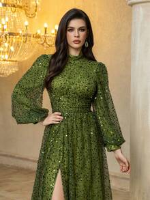 UNITHORSE 女式立领灯笼袖轻奢亮片高开衩长款晚礼服正式晚宴礼服、婚礼宾客礼服、晚宴礼服、颁奖典礼 - 綠色 - 查看 5