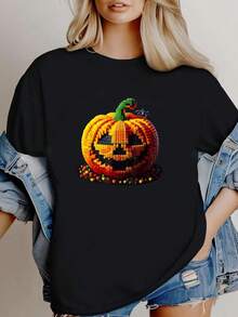 180g pure Cotton Master Builder Pumpkin  Building Blocks Bricks Halloween T-Shirt Women Top Graphic Tees Breathable Top For Everyday Wear Comfortable Slightly Stretched Stylish Casual Versatile Unisex women graphic female designer clothes T-Shirt For Women Casual - Blanco - Ver 1