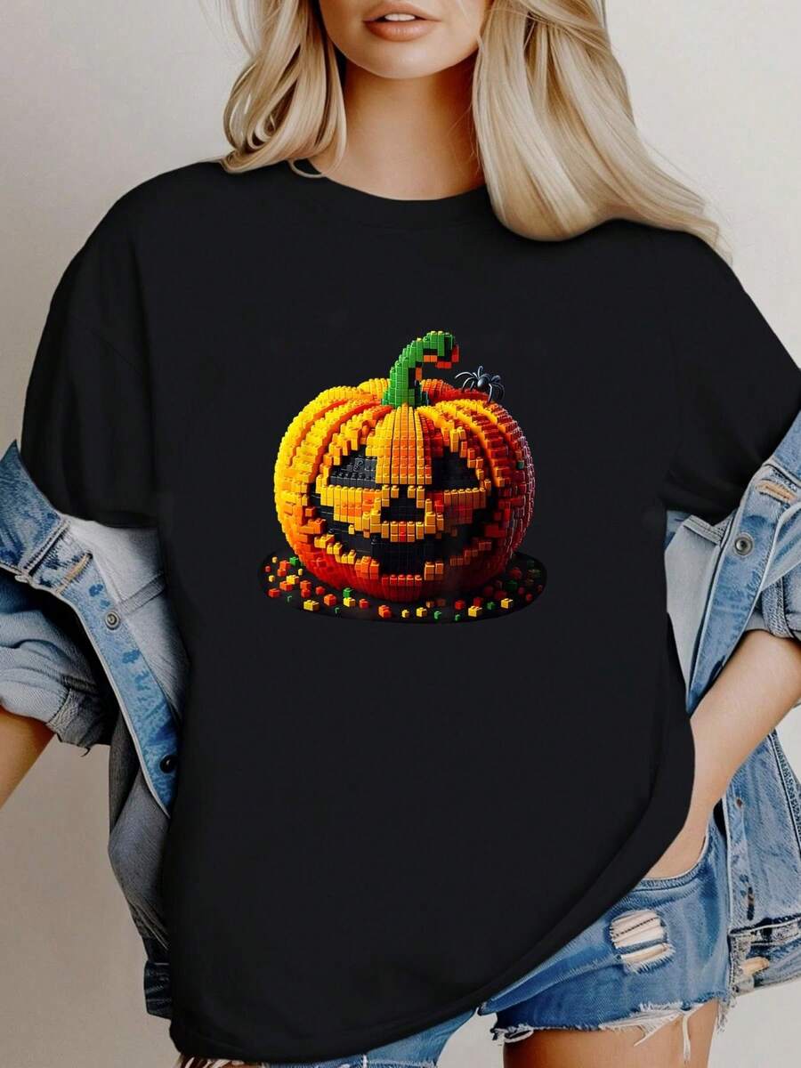 180g pure Cotton Master Builder Pumpkin Building Blocks Bricks Halloween T-Shirt Women Top Graphic Tees Breathable Top For Everyday Wear Comfortable Slightly Stretched Stylish Casual Versatile Unisex women graphic female designer clothes T-Shirt For Women Casual - Blanco - Ver 1
