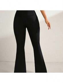 Women's Plus Size Solid High Waist Flare Pants, Yoga Sport Pants, Compression Leggings, Running And Fitness Pants, Women's Clothing, Women's Leggings, Women's Summer Pants - 黑色光焰 - 查看 5