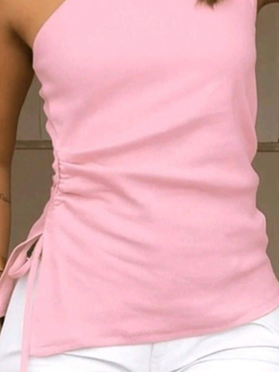 WOMEN'S ASYMMETRICAL DRAPED BLOUSE WITH RIBBONS, MULE SLIM, SUMMER COLORS LAUNCH - 淺粉色 - 查看 1