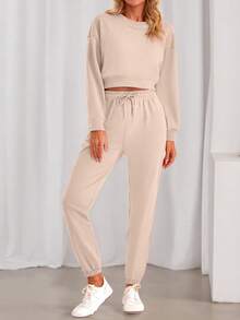 Women Fall 2 Piece Outfits Casual Long Sleeve Crop Top Drawstring Pant Jogger Suit Jumper Sportswear Sweatsuits Tracksuit Matching Set - Beige - View 4