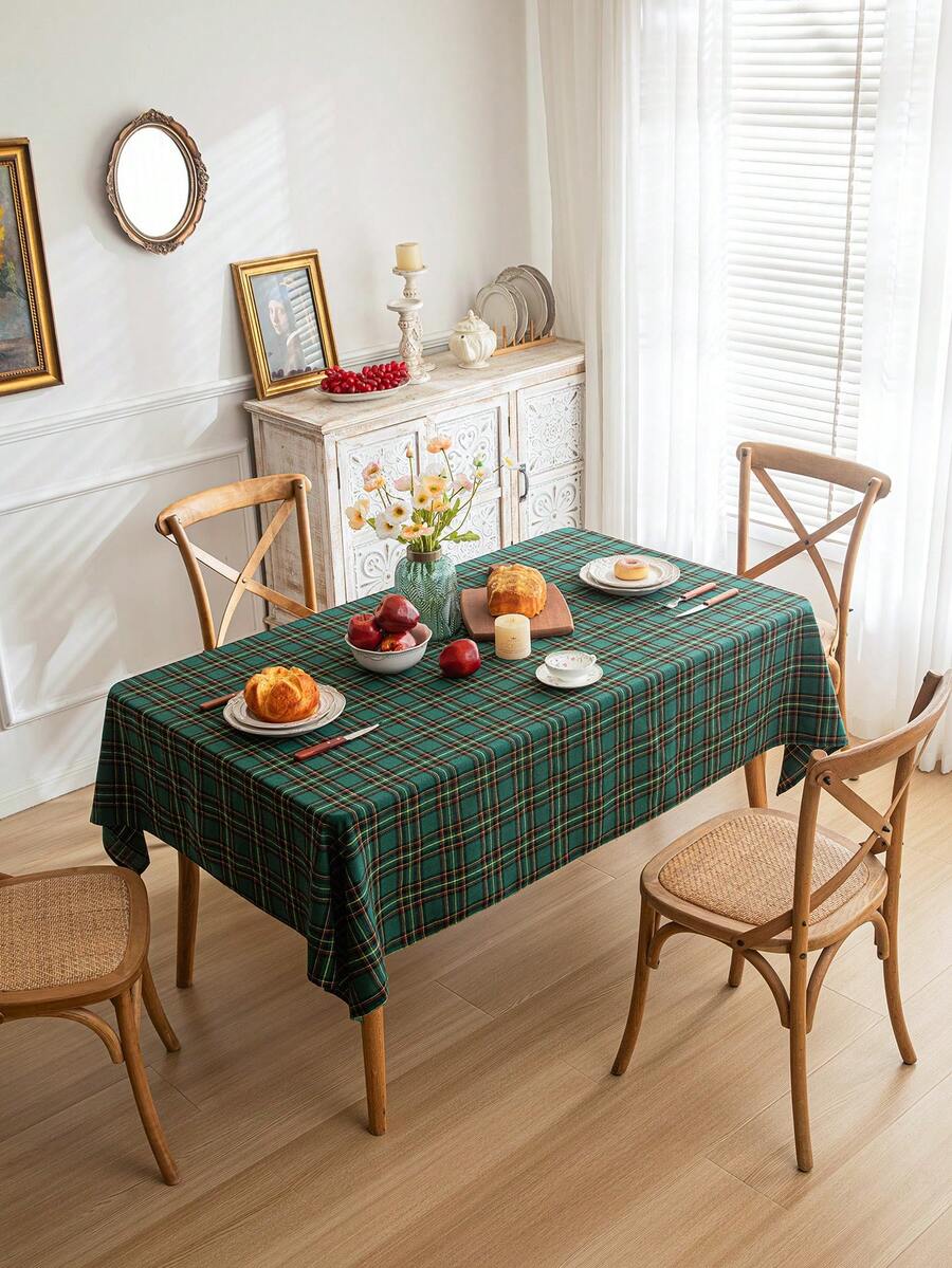 1pc Green & Yellow Plaid Square Tablecloth, Farmhouse Style, Polyester Material, Suitable For Kitchen, Dining Room And Christmas Decoration