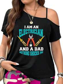 I Am An Electrician And A Dad Nothing Shocks Me Womens Casual Tops Side Twist Knotted Tops Cold Shoulder T-Shirt - 黑色 - 查看 1