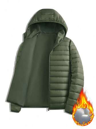 1 pieza Chaqueta con capucha de algodón de unicolor para hombres, abrigo acolchado ligero, uso casual diario, al aire libre, senderismo, deportes, otoño/invierno
