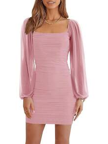 2025 Mesh Long Sleeve Square Neck Ruched Mini Bodycon Cocktail Dress - Hồng - Xem 1