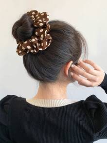 1 件波尔卡圆点超大发圈，厚灯芯绒纹理，多功能发饰，适合浓密的头发，秋冬颜色：米色、白色、黑色、发带、发圈 - 棕色白點 - 查看 3