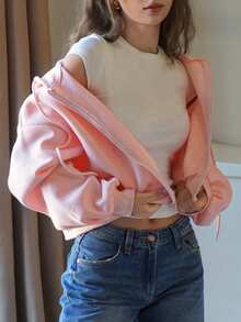 Livesso 女式短款宽松休闲羊毛连帽衫拉链运动衫夹克 - 粉色 - 查看 2