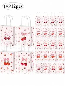 1/6/12 piezas Bolsas de regalo con diseño de cereza, bolsas de regalo con asas, bolsas de obsequio para fiestas, dulces, aperitivos y golosinas para niñas, cumpleaños, bodas, baby shower, primavera y verano (estilo aleatorio)