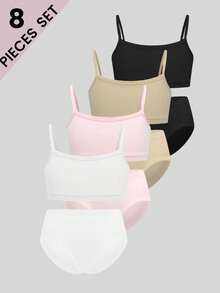 4pcs/Set Girls' Minimalist Fashion Camisole Bralette And Seamless Comfortable Bikini Panty Set - Multicolor - View 3