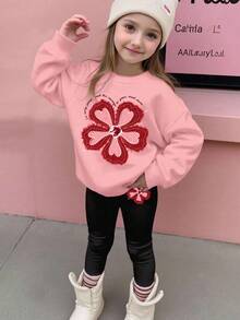 2件套女童甜美花卉印花粉色卫衣+刺绣黑色裤子套装，柔软亲肤，适合春秋季节上学日常 - 粉色 - 查看 8