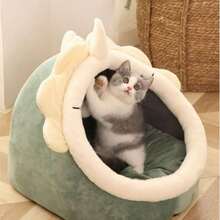 1 pieza Cama para mascotas con forma de dinosaurio verde, adecuada para gatos y perros pequeños a medianos, para uso en todas las estaciones