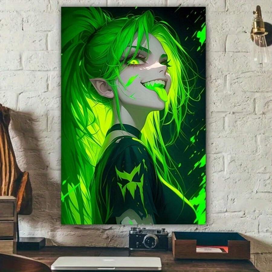 Impression sur canevas d'art anime de fille à langue verte - Décoration murale sans cadre pour le salon et la chambre à coucher, cadeau de vacances parfait - Multicolore - Voir 1