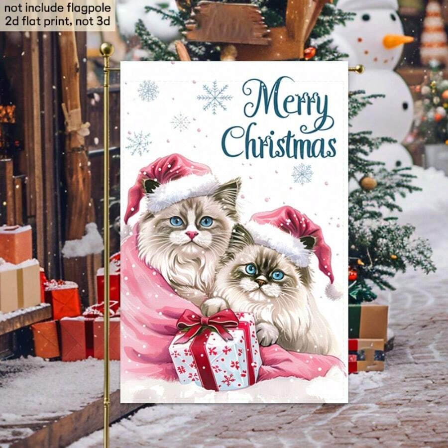 1 pièce Drapeau de jardin de poupée de chiffon à double face, style British Shorthair avec nœud rose et yeux bleus. Décoration en tissu pour les amateurs de chats, facile à accrocher. Drapeau de Noël, drapeaux pour l'extérieur, drapeaux amusants