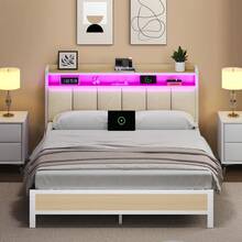 LED Bed Frame With Storage Headboard, Upholstered Bed Frame With Charging Station, Metal Platform Bed Frame With Heavy Duty Metal Slats, No Box Spring Needed, Easy Assembly, Black/ White/ Beige - 米色 - 查看 14