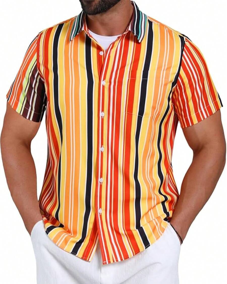 Mens Striped Shirt Casual Short Sleeve Button Down Summer Beach Shirt Tropical Hawaiian Shirtshalloween - Vàng08 - Xem 1