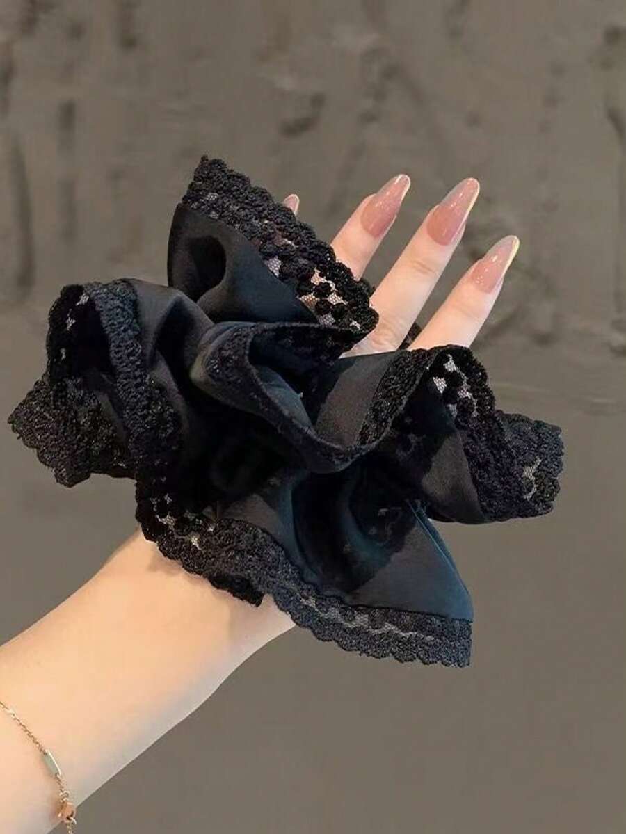 Elegant Lace Embroidered Scrunchies, Double-Layer Hair Ties, Ponytail Holder, Hair Scrunchies, Hair Accessories, Solid Color, Polyester, Suitable For All Seasons ,Scrunchy Hair Ties Makeup Home Gym Woman Accessories Head Accessories Elastic Band Hair Rubber Bands - Black - View 1