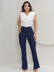 Women's Flare Jeans, High Waist, Bell Bottom - 藏蓝色 - 查看 5
