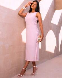 Classic Long Black Dress With Round Neck, Pockets And Elegant Slit Design - Rosa Pálido - Ver 2