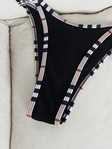 Women's Contrast Trim Backless Tie Front Bikini Set, Beach Vacation - Black - View 6