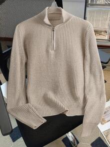 Men's Casual Solid Color Stand Collar Sweater, Versatile For Autumn/Winter - Khaki - View 1