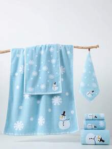 1pc Towel, Blue Color, Jacquard Christmas Snowman Pattern, Rectangular 70*140cm For Adults Swimming Bath Wrap, Or 34*74cm Hand Towel, 34*34cm Handkerchief, Quick Dry Absorbent Soft, Suitable For Bathroom, Kitchen, Travel, Holiday Gift, Gym, Beach, Hotel, Salon Shower Towels For Beauty Salon, Hotel Sports,Home Essentials, Towel, Skin Care Bath Towel Sheet - Blue - View 10