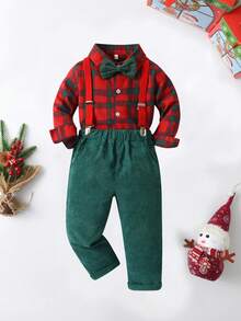 2 件套年轻男孩绅士服装 - 红色格子长袖领衬衫和背带裤，时尚又有型，适合节日、圣诞节、派对 - 綠色 - 查看 3