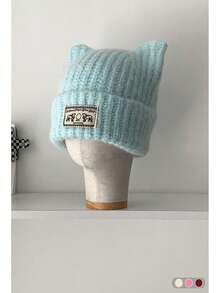 Gorro de punto de unicolor con aplicación de orejas de gato, gorro de punto unisex simple y versátil con protección de orejas cálida, nuevo y adorable gorro de punto con orejas de gato para mujeres, gorro de punto grueso y cálido con protección de orejas para otoño/invierno