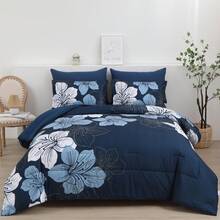 7 Pieces Floral Yellow/Aqua/Navy Blue Floral Comforter Set Queen King Bed In A Bag Botanical Floral Comforter Soft Soft Microfiber Complete Bedding Sets For Fall And Wedding Items,Valentines Day Home Bed Room Decor,Mothers Day Gift,All Season - 藏蓝色 - 查看 9