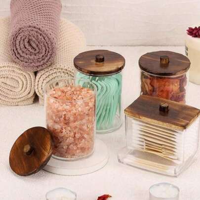 4 Packs Qtip Cosmetic Containers, 10/7 Ounce Round Cosmetic Cleaning Swab Dispenser, Medicine Bottle With Bamboo Lid For Organization And Storage (Brown),For Holiday Beach, Bathroom Collection, Bedroom Collection, Large Capacity