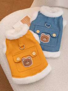 1 pieza Ropa de mascota cálida con estampado de oso de unicolor, chaqueta de perro/gato con correa, ropa de mascota pequeña