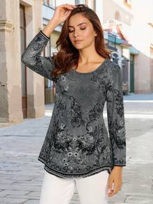 时尚休闲度假复古风格优雅女士百搭修身户外、居家、旅行、工作最佳选择女士复古圆领长袖 T 恤，秋冬 - 灰色 - 查看 2