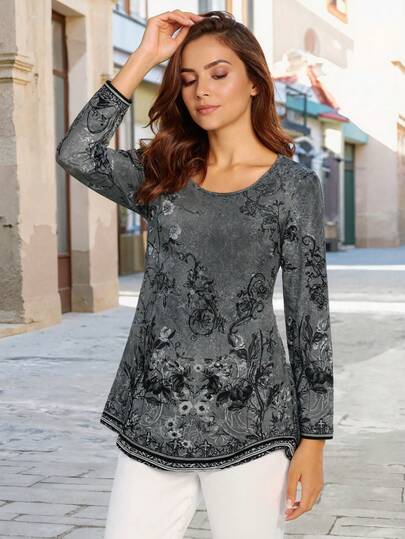 Camiseta de manga larga de cuello redondo retro elegante y versátil para mujer, opción óptima para uso casual, vacaciones, al aire libre, en casa, viajes y trabajo, estilo retro, otoño/invierno