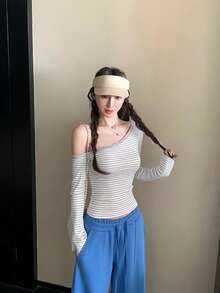 女式条纹露肩长袖修身上衣 - 淺灰色 - 查看 7