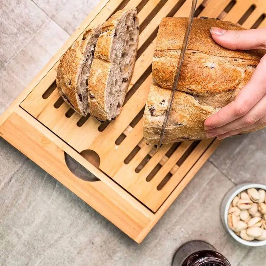 Tabla de cortar pan de bambú con recogedor de migas, bandeja para servir pan, bandeja para hornear, para el hogar, hotel, restaurante, utensilios de cocina, decoración de mesas - Natural - Ver 1