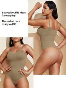 1pc Women Seamless Shaping Bodysuit With Thong Bottom, Slimming Bodyshaper Tummy Control Flat Belly Sheath Jumpsuit Shapewear Waist Trainer Shaper - 卡其色 - 查看 5